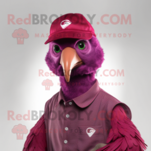 Magenta Guinea Fowl mascot costume character dressed with a V-Neck Tee and Caps