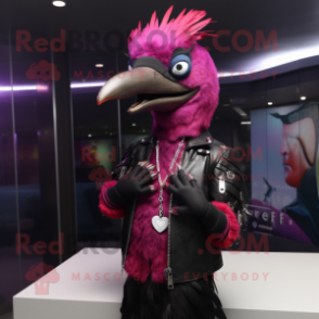 Magenta Woodpecker mascot costume character dressed with a Leather Jacket and Bracelets