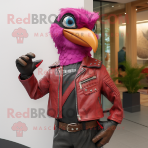 Magenta Woodpecker mascot costume character dressed with a Leather Jacket and Bracelets