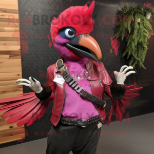 Magenta Woodpecker mascot costume character dressed with a Leather Jacket and Bracelets