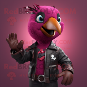 Magenta Woodpecker mascot costume character dressed with a Leather Jacket and Bracelets