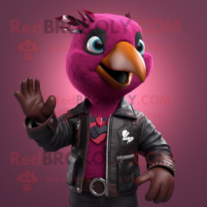 Magenta Woodpecker mascot costume character dressed with a Leather Jacket and Bracelets