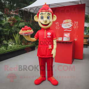 Red Pad Thai mascot costume character dressed with a Polo Shirt and Coin purses