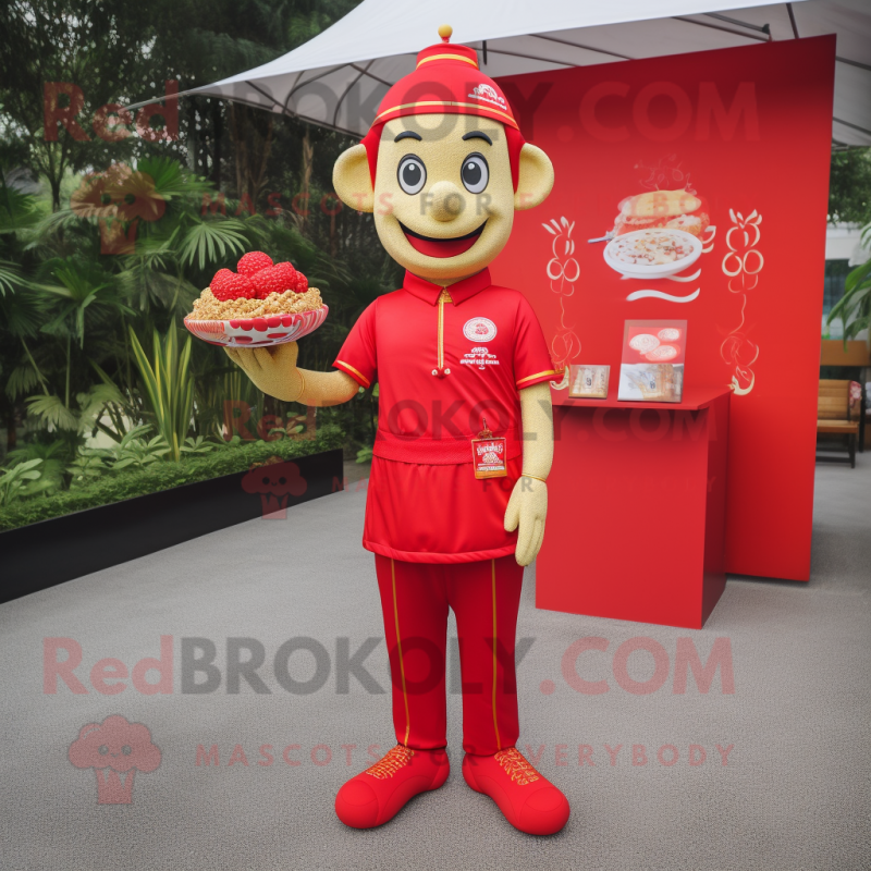 Red Pad Thai mascot costume character dressed with a Polo Shirt and Coin purses Red Pad Thai mascot costume character dressed with a Polo Shirt and Coin purses