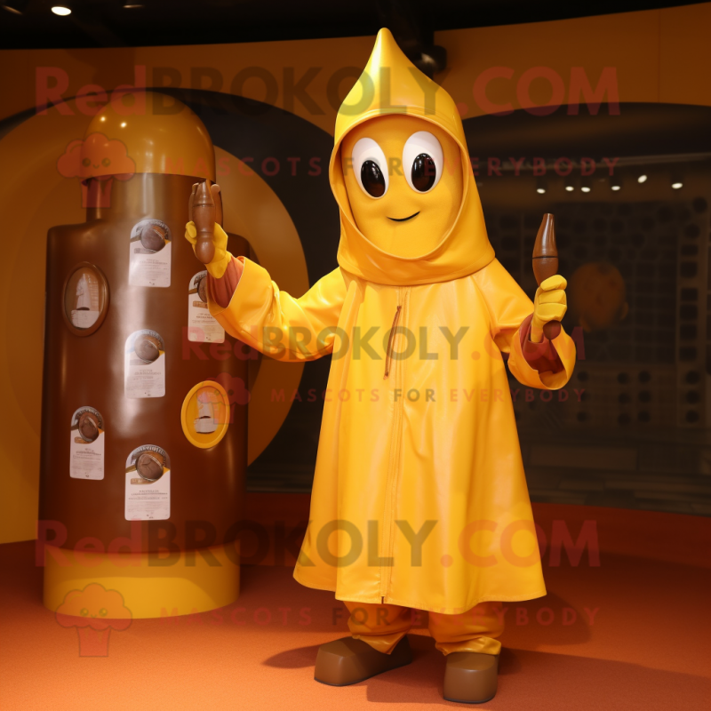 Rust Bottle Of Mustard mascot costume character dressed with a Raincoat and Rings Rust Bottle Of Mustard mascot costume character dressed with a Raincoat and Rings
