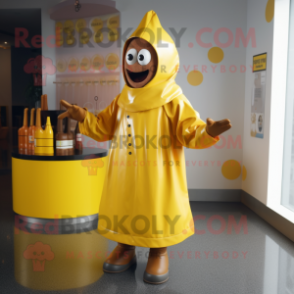 Rust Bottle Of Mustard mascot costume character dressed with a Raincoat and Rings