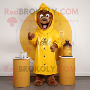 Rust Bottle Of Mustard mascot costume character dressed with a Raincoat and Rings