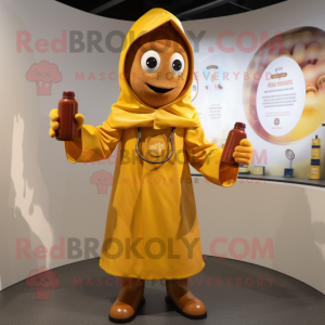 Rust Bottle Of Mustard mascot costume character dressed with a Raincoat and Rings