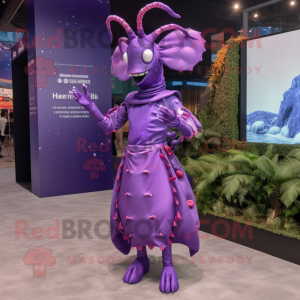 Purple Lobster mascot costume character dressed with a Empire Waist Dress and Brooches