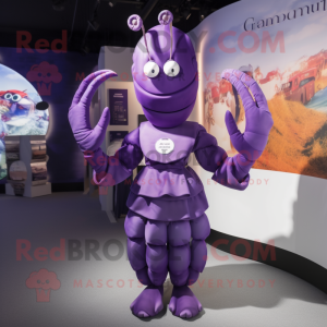 Purple Lobster mascot costume character dressed with a Empire Waist Dress and Brooches