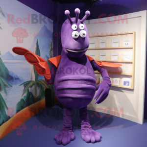 Purple Lobster mascot costume character dressed with a Empire Waist Dress and Brooches