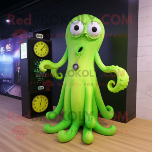 Lime Green Octopus mascot costume character dressed with a Maxi Dress and Digital watches