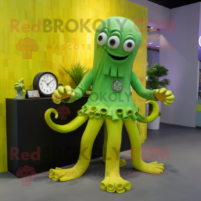 Lime Green Octopus mascot costume character dressed with a Maxi Dress and Digital watches