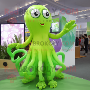 Lime Green Octopus mascot costume character dressed with a Maxi Dress and Digital watches