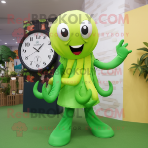 Lime Green Octopus mascot costume character dressed with a Maxi Dress and Digital watches