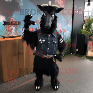 Black Goat mascot costume character dressed with a Flare Jeans and Lapel pins