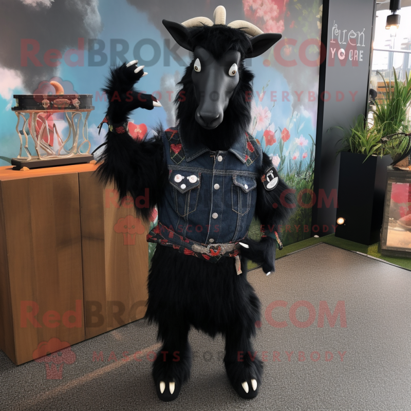Black Goat mascot costume character dressed with a Flare Jeans and Lapel pins Black Goat mascot costume character dressed with a Flare Jeans and Lapel pins