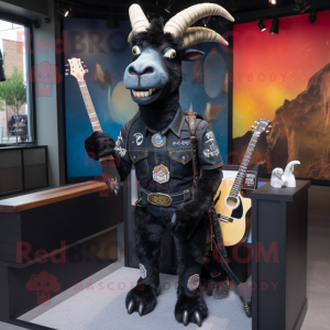 Black Goat mascot costume character dressed with a Flare Jeans and Lapel pins