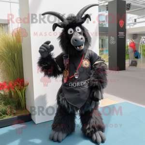 Black Goat mascot costume character dressed with a Flare Jeans and Lapel pins
