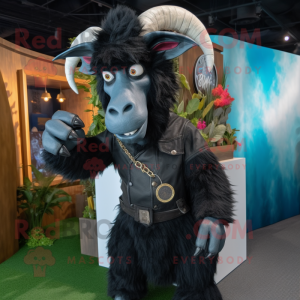 Black Goat mascot costume character dressed with a Flare Jeans and Lapel pins