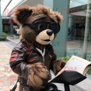 Brown Spectacled Bear mascot costume character dressed with a Moto Jacket and Reading glasses