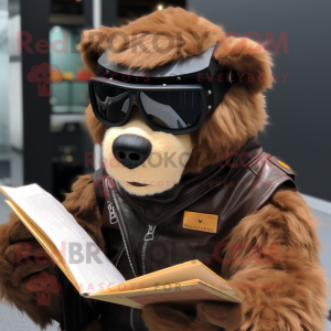 Brown Spectacled Bear mascot costume character dressed with a Moto Jacket and Reading glasses