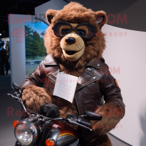 Brown Spectacled Bear mascot costume character dressed with a Moto Jacket and Reading glasses