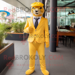 Lemon Yellow Jaguarundi mascot costume character dressed with a Suit Pants and Berets