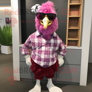 Magenta Chicken mascot costume character dressed with a Flannel Shirt and Pocket squares