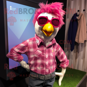 Magenta Chicken mascot costume character dressed with a Flannel Shirt and Pocket squares