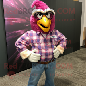 Magenta Chicken mascot costume character dressed with a Flannel Shirt and Pocket squares