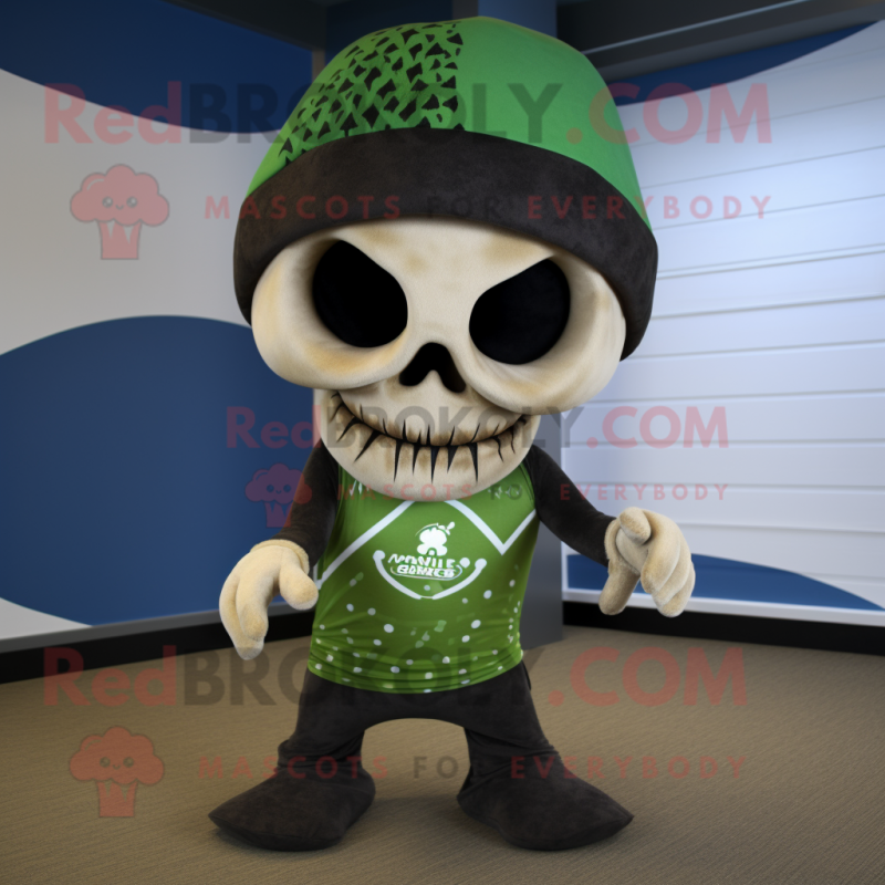 Olive Skull mascot costume character dressed with a One-Piece Swimsuit and Beanies Olive Skull mascot costume character dressed with a One-Piece Swimsuit and Beanies