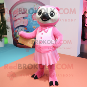 Pink Sloth mascot costume character dressed with a Pencil Skirt and Bow ties