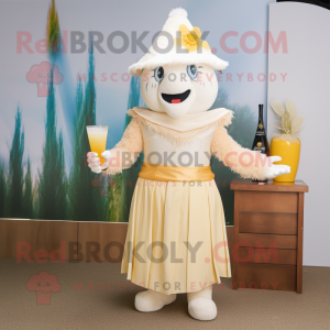 Cream Scarecrow mascot costume character dressed with a Cocktail Dress and Gloves