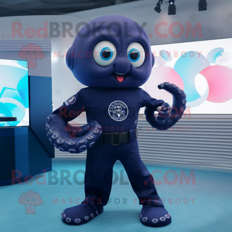 Navy Octopus mascot costume character dressed with a Trousers and Smartwatches Navy Octopus mascot costume character dressed with a Trousers and Smartwatches