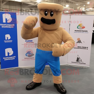 Tan Boxing Glove mascot costume character dressed with a Dungarees and Cufflinks