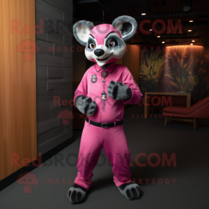 Pink Civet mascot costume character dressed with a Jumpsuit and Tie pins
