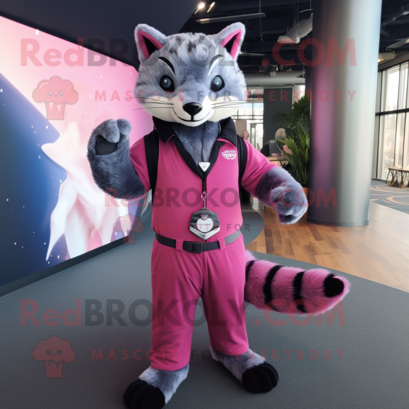 Pink Civet mascot costume character dressed with a Jumpsuit and Tie pins Pink Civet mascot costume character dressed with a Jumpsuit and Tie pins