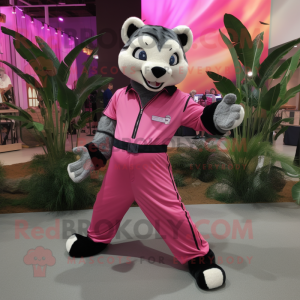 Pink Civet mascot costume character dressed with a Jumpsuit and Tie pins