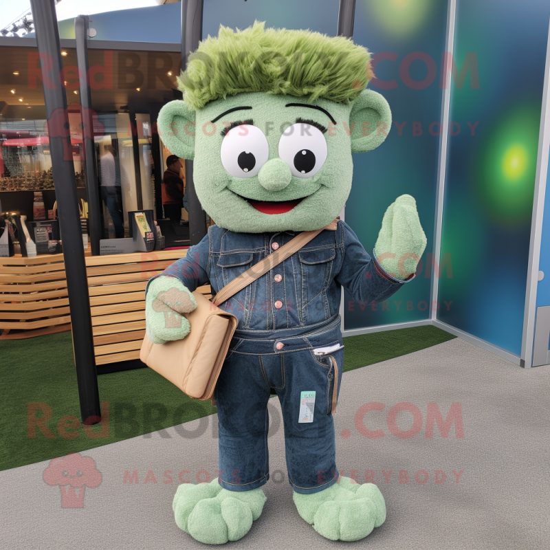 Green Shepard'S Pie mascot costume character dressed with a Jeans and Wallets Green Shepard'S Pie mascot costume character dressed with a Jeans and Wallets