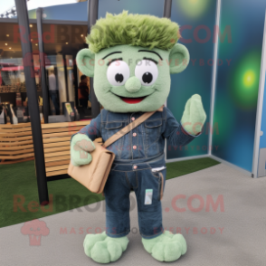 Green Shepard'S Pie mascot costume character dressed with a Jeans and Wallets