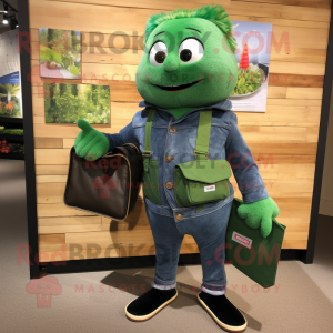 Green Shepard'S Pie mascot costume character dressed with a Jeans and Wallets