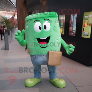 Green Shepard'S Pie mascot costume character dressed with a Jeans and Wallets