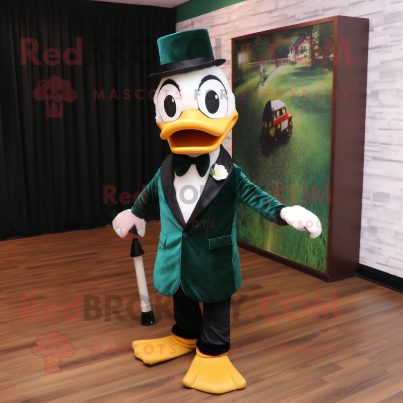 Forest Green Duck mascot costume character dressed with a Tuxedo and Ties