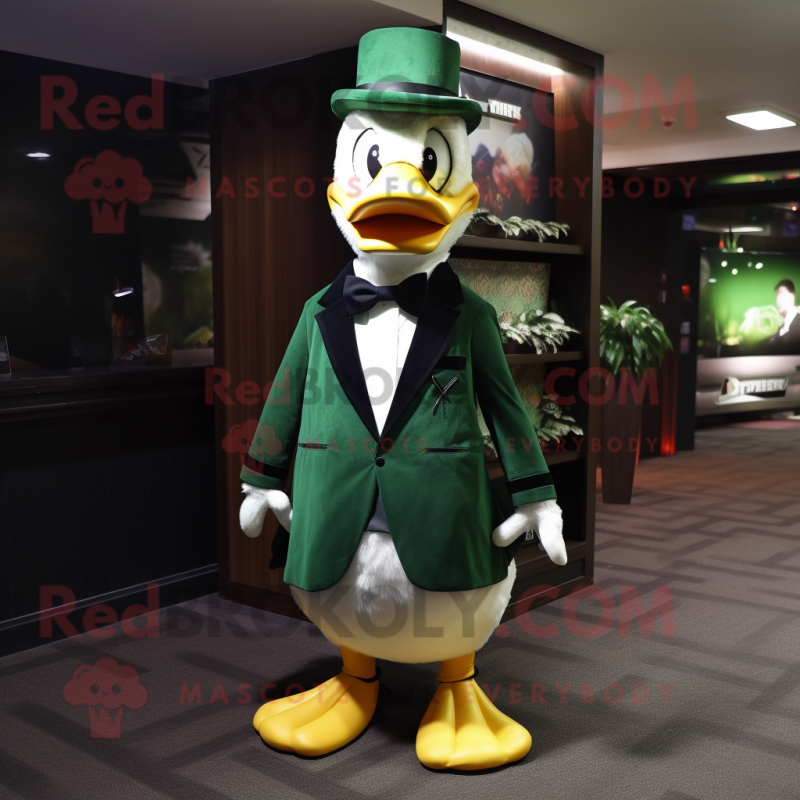 Forest Green Duck mascot costume character dressed with a Tuxedo and Ties