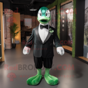 Forest Green Duck mascot costume character dressed with a Tuxedo and Ties