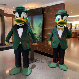 Forest Green Duck mascot costume character dressed with a Tuxedo and Ties
