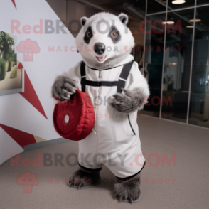 White Badger mascot costume character dressed with a Romper and Clutch bags