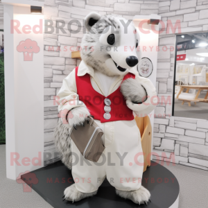 White Badger mascot costume character dressed with a Romper and Clutch bags