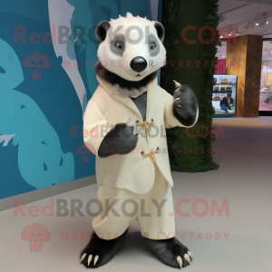 White Badger mascot costume character dressed with a Romper and Clutch bags